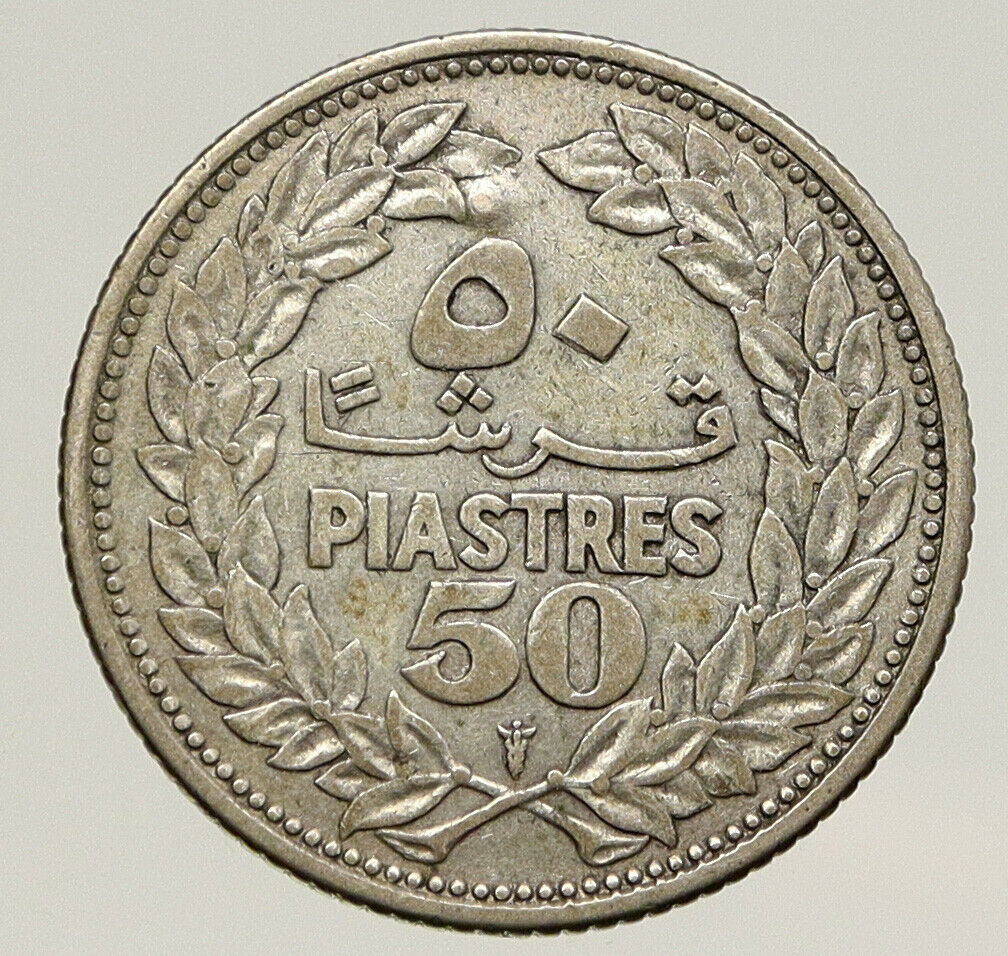 1952 LEBANON Cedar Tree Wreath Antique Genuine Silver 50 Piastres Coin i93192