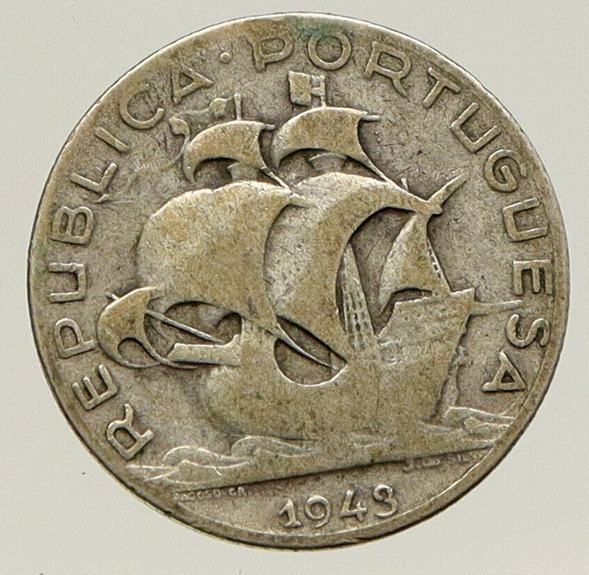 1932 PORTUGAL Vintage PORTUGUESE SAILING SHIP OLD Silver 2.5 Escudos Coin i93193