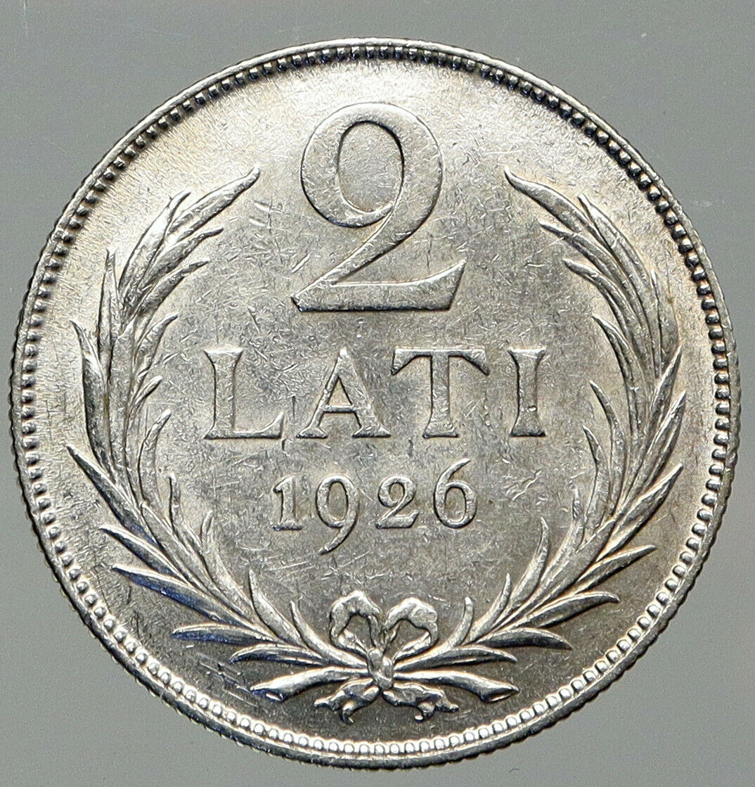 1925 LATVIA Lions Shield ANTIQUE OLD Vintage Silver European 2 Lati Coin i92611