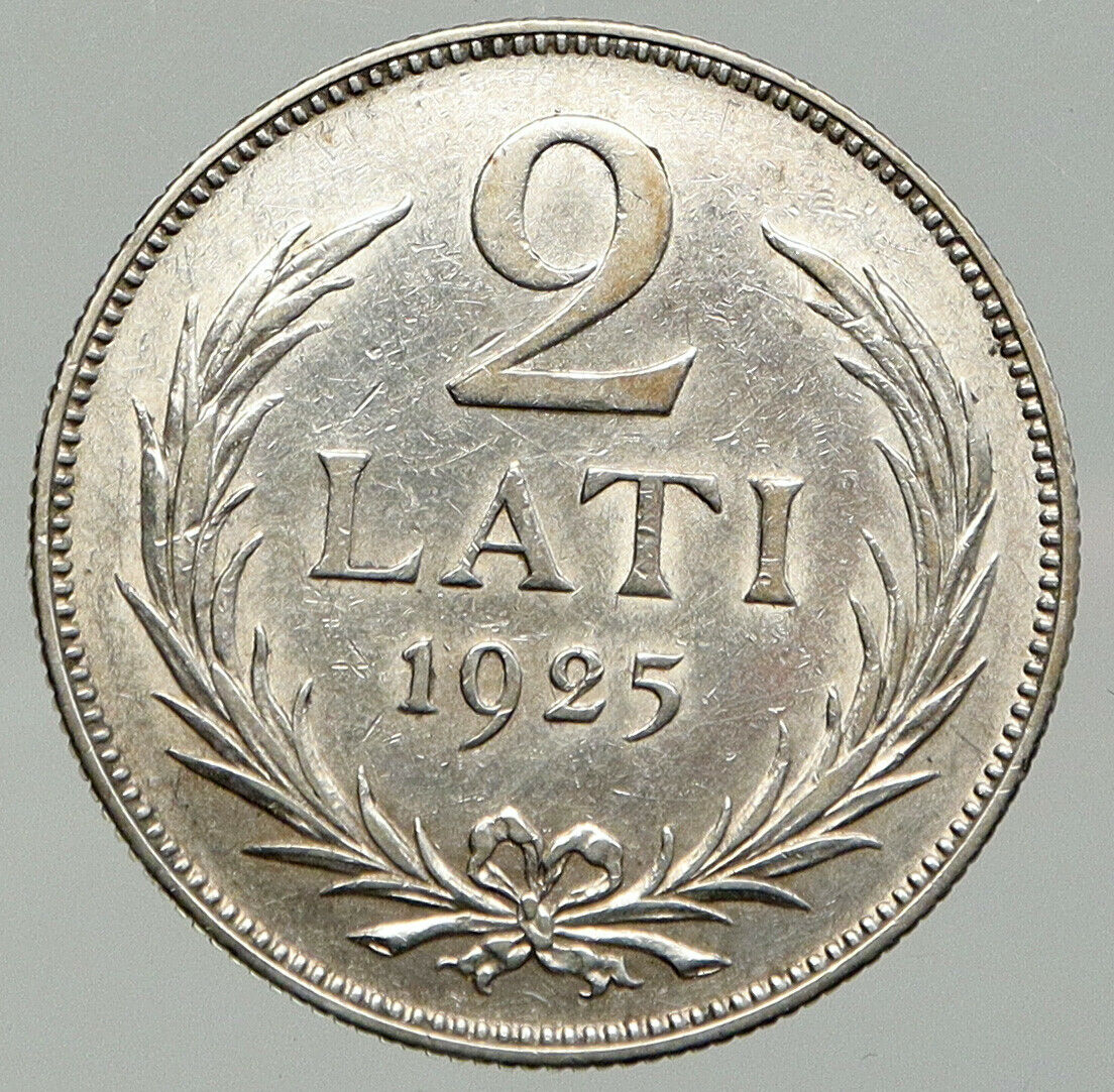 1925 LATVIA Lions Shield ANTIQUE OLD Vintage Silver European 2 Lati Coin i92610