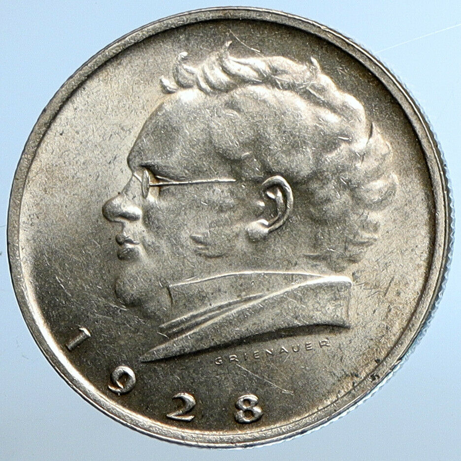 1928 AUSTRIA w Composer Franz Schubert Antique Silver 2 Schilling Coin i110799