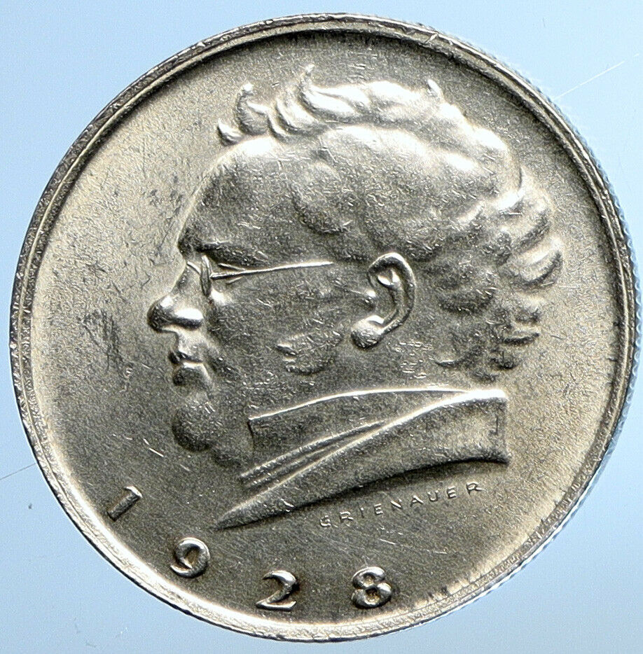 1928 AUSTRIA w Composer Franz Schubert Antique Silver 2 Schilling Coin i110800