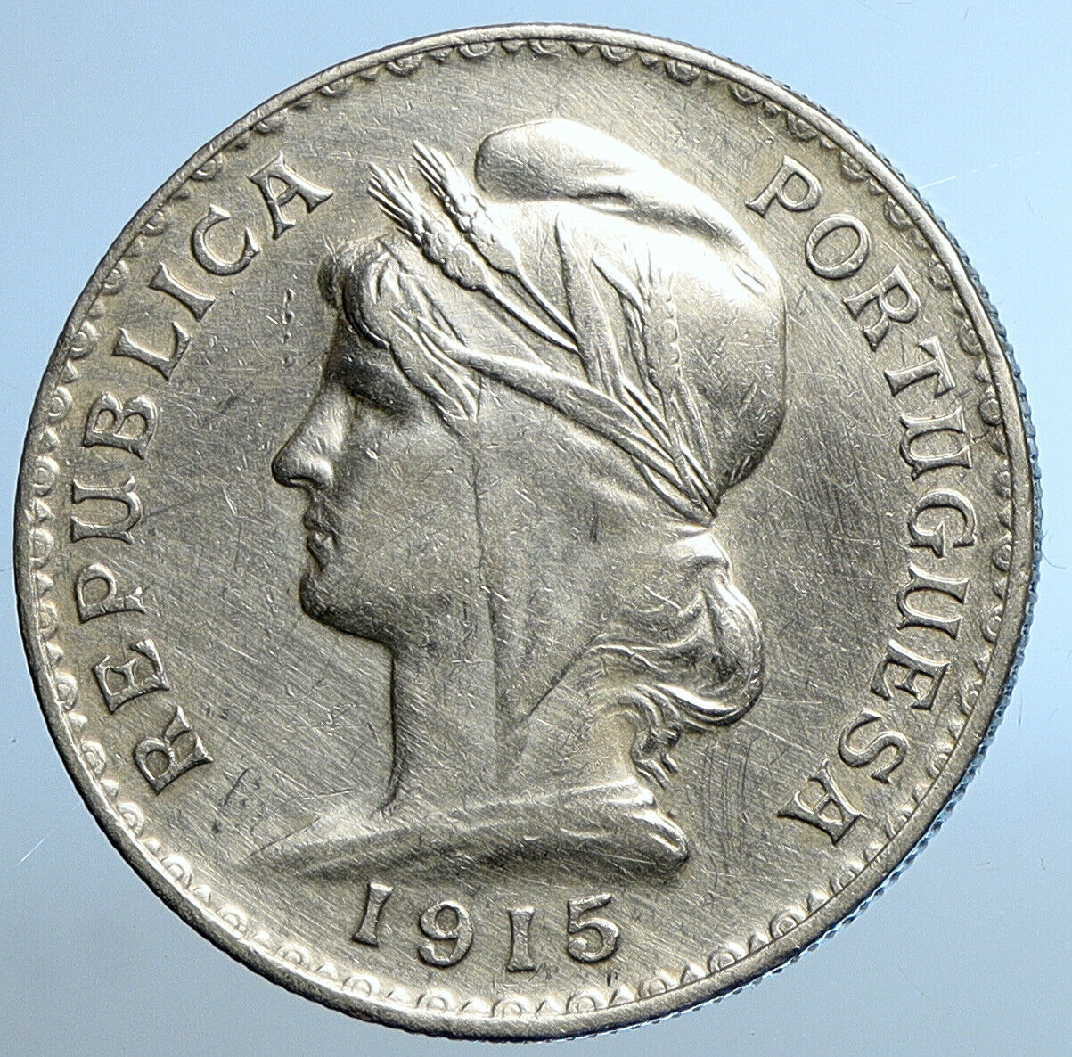 1915 PORTUGAL Vintage LIBERTY Cap PORTUGESE SHIELD Silver Escudo Coin i110808