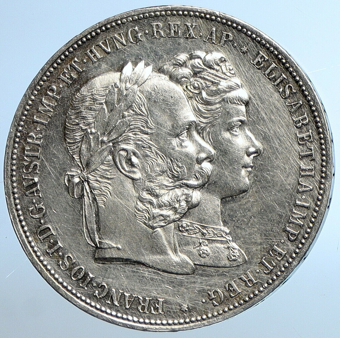 1879 AUSTRIA King FRANZ JOSEPH I & ELISABETH Old Silver 2 Gulden Coin i110811