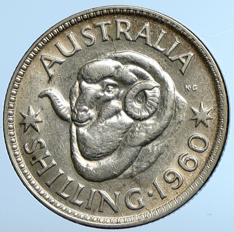 1960 AUSTRALIA UK Queen Elizabeth II of Silver Shilling Vintage Coin RAM i110786