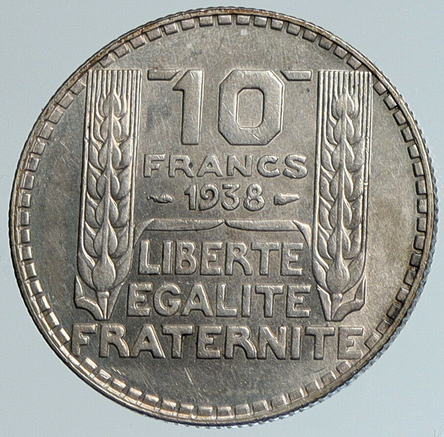 1938 FRANCE Marianne FRENCH MOTTO Antique VINTAGE Silver 10 Francs Coin i110774