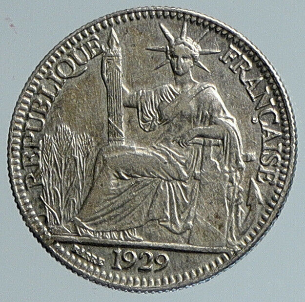 1929 A FRENCH INDO-CHINA Antique Silver 10 Centimes Coin France Republic i110773