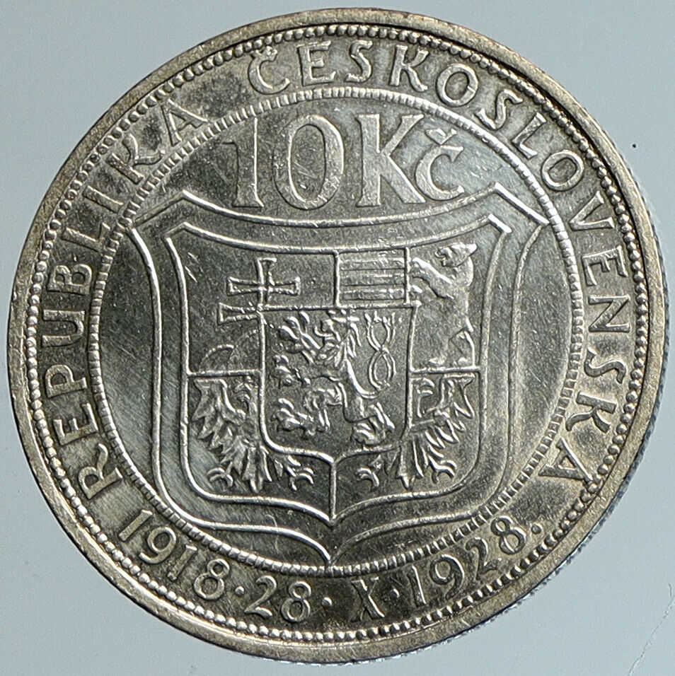 1928 CZECHOSLOVAKIA President Masaryk ANTIQUE Proof Silver 10 Korun Coin i110770