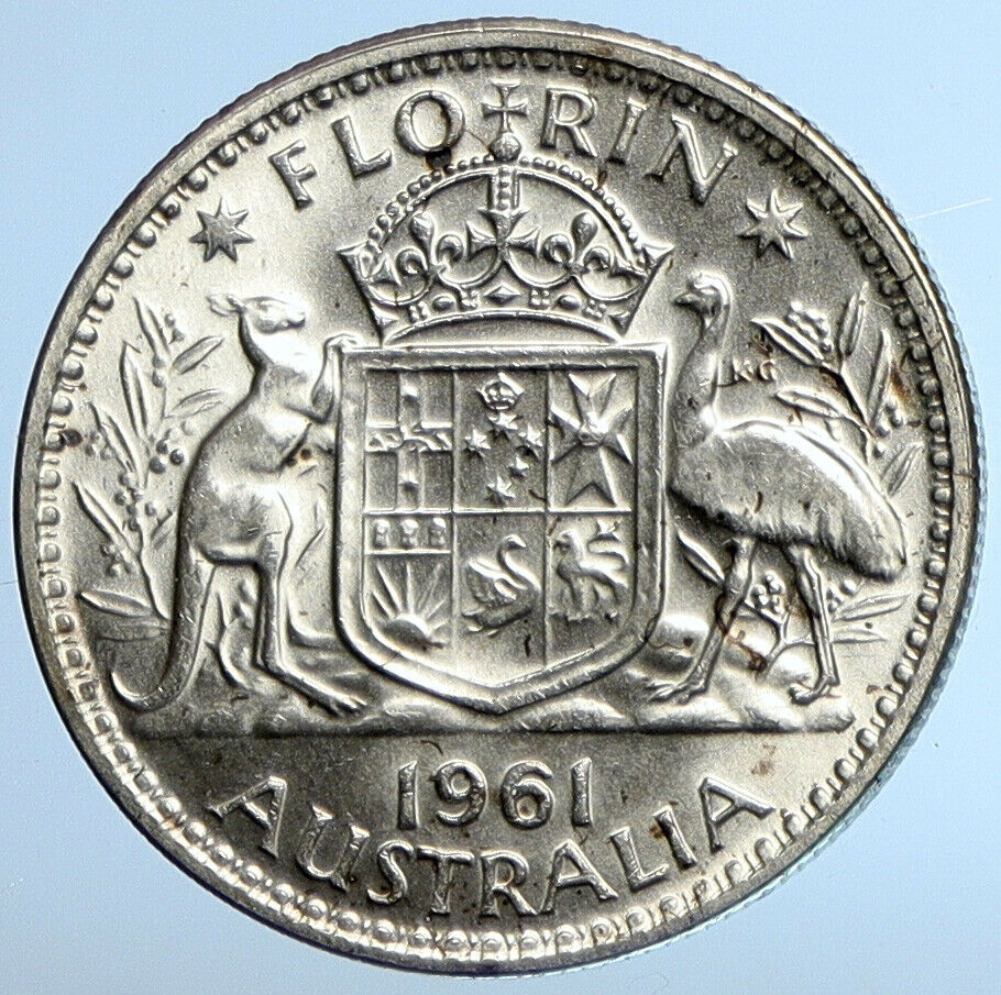 1961 AUSTRALIA UK Queen Elizabeth II OLD SILVER FLORIN Coin Coat-of-Arms i110790