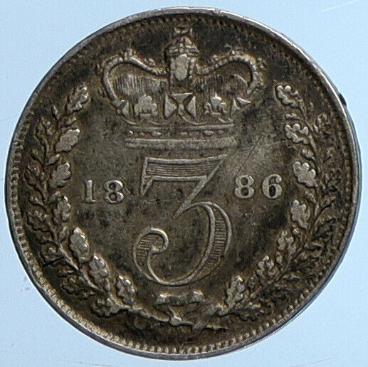 1886 UK Great Britain United Kingdom QUEEN VICTORIA 3 Pence Silver Coin i110791