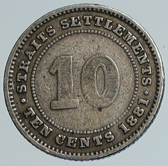 1881 STRAITS SETTLEMENTS UK Queen Victoria VINTAGE Antique 10 CENT Coin i110780