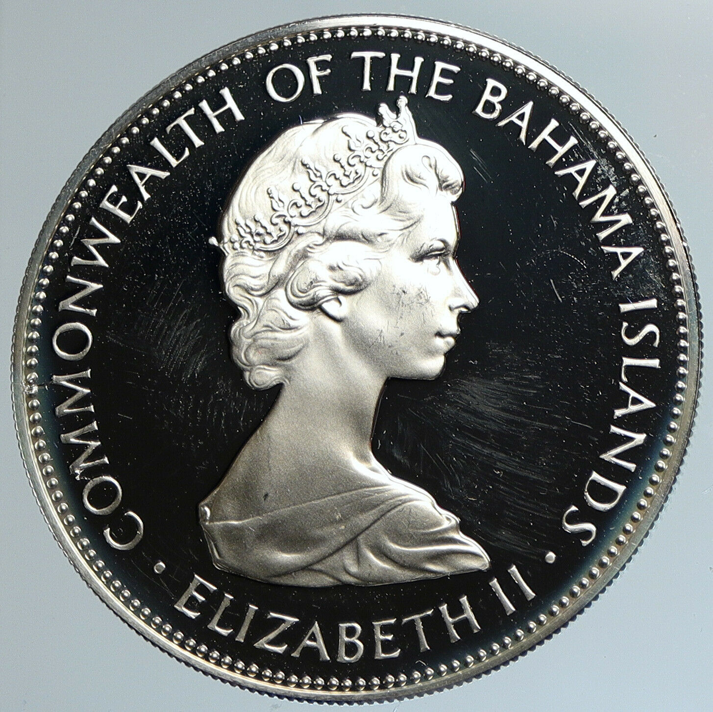 1973 BAHAMAS Elizabeth II PIRATE DEFEAT MOTTO Old Proof Silver $5 Coin i110781