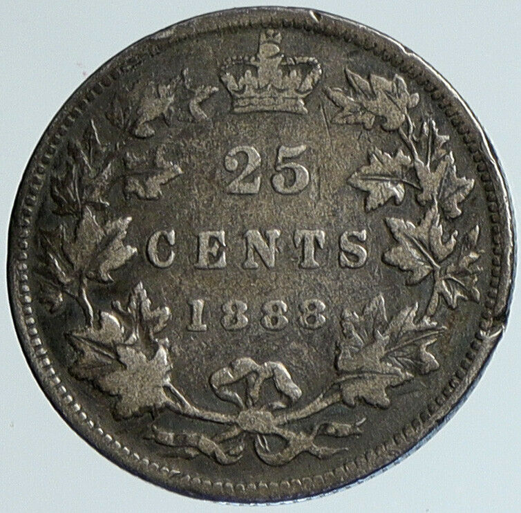 1888 CANADA UK Queen VICTORIA Authentic Antique OLD Silver 25 Cents Coin i110783