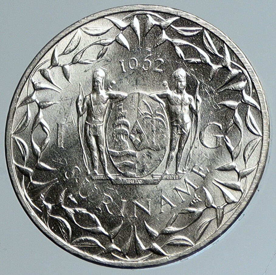 1962 Netherlands Suriname Kingdom Queen JULIANA OLD Silver Gulden Coin i110762