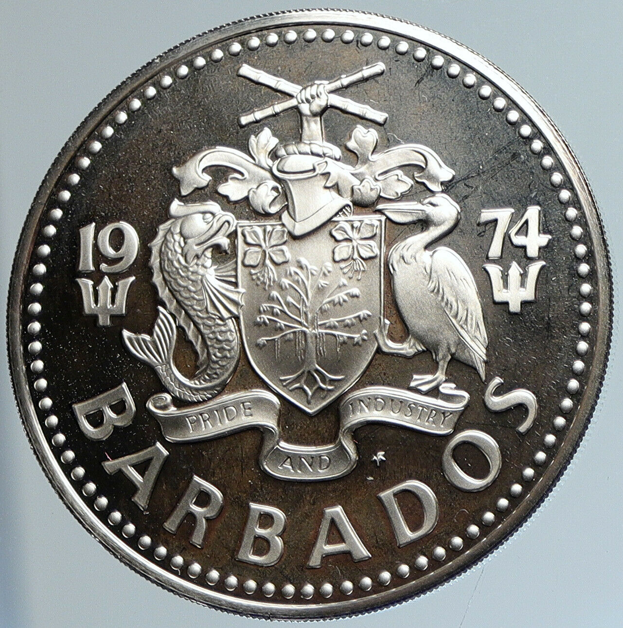 1974 BARBADOS Arms Trafalgar Fountain OLD Proof Silver 5 Dollars Coin i110763