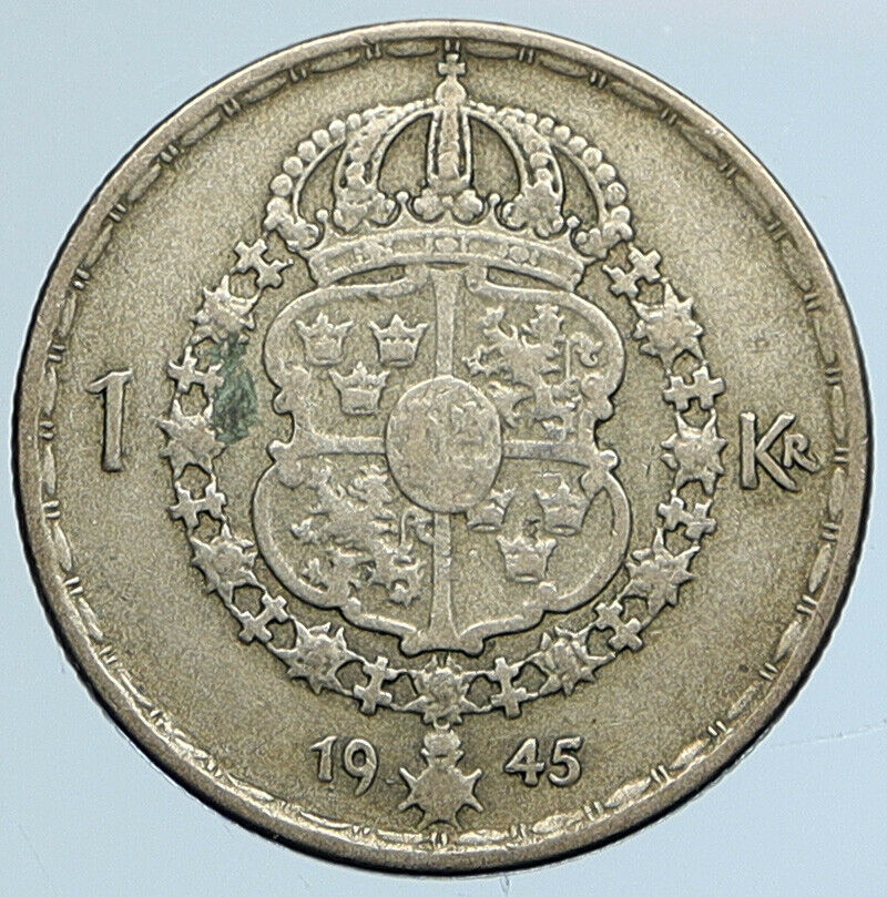 1945 Sweden GUSTAF V Crowned ARMS Antique Vintage OLD Silver Krona Coin i110750