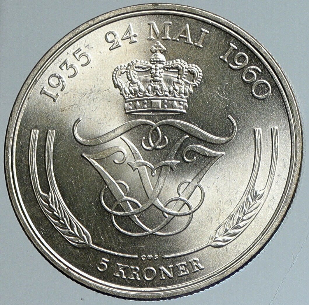 1960 DENMARK Frederick IX Queen Ingrid Silver WEDDING ANNIVER 5 Krn Coin i110779