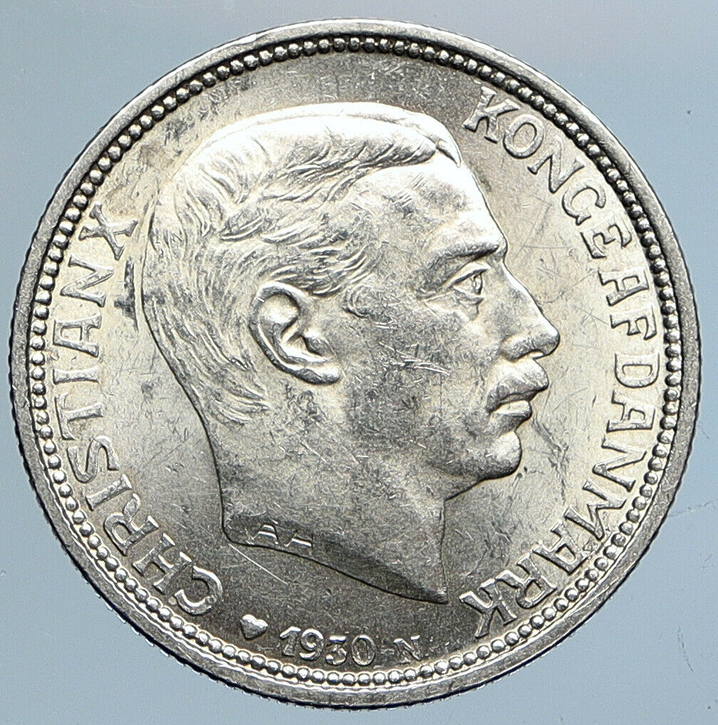 1930 DENMARK Kings CHRISTIAN X Antique OLD Genuine Silver 2 Kronor Coin i110746