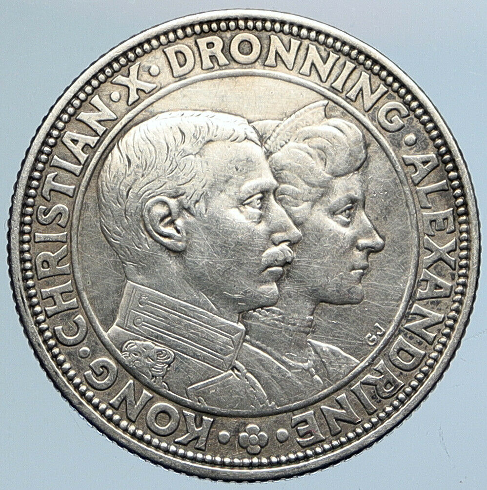 1923 Denmark CHRISTIAN X & ALEXANDRINE Wedding OLD Silver 2 Kronor Coin i110745