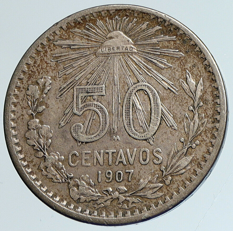 1907 MEXICO City EAGLE CACTUS SERPENT Silver 50 Centavos Mexican Coin i110765