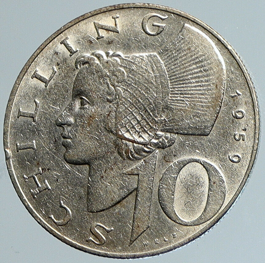 1959 AUSTRIA Wachau Woman Silver Austrian Shield OLD 10 Schilling Coin i110767