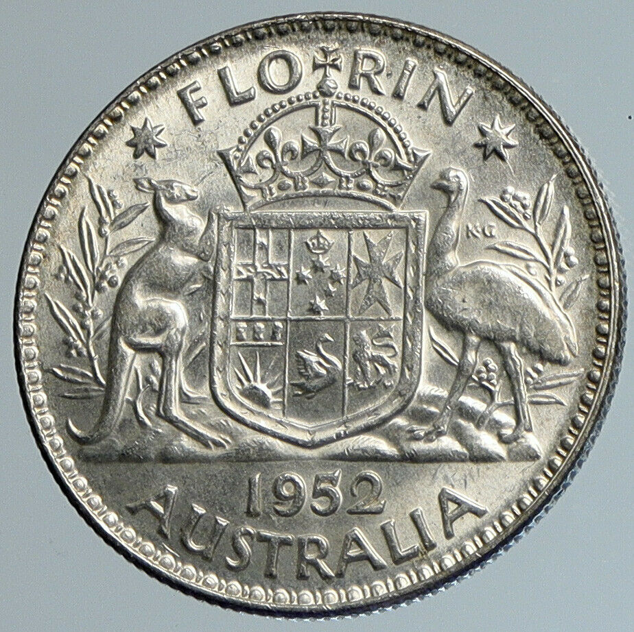 1952 AUSTRALIA UK King George VI Kangaroos Antique Silver Florin Coin i110769