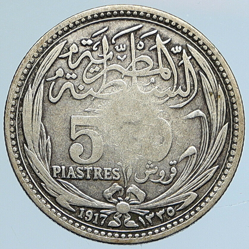 1917 EGYPT Sultan Hussein Kamil ANTIQUE Silver 5 Piastres Egyptian Coin i110744