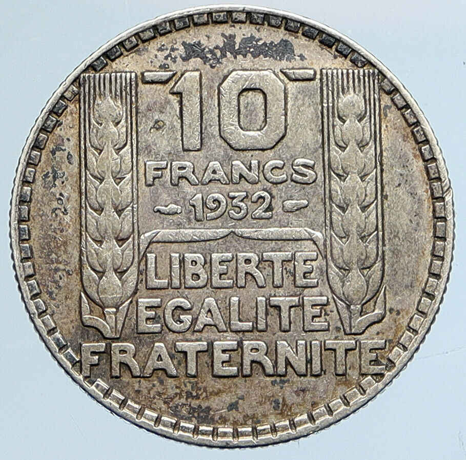 1932 FRANCE w Marianne FRENCH MOTTO Old VINTAGE Silver 10 Francs Coin i110751