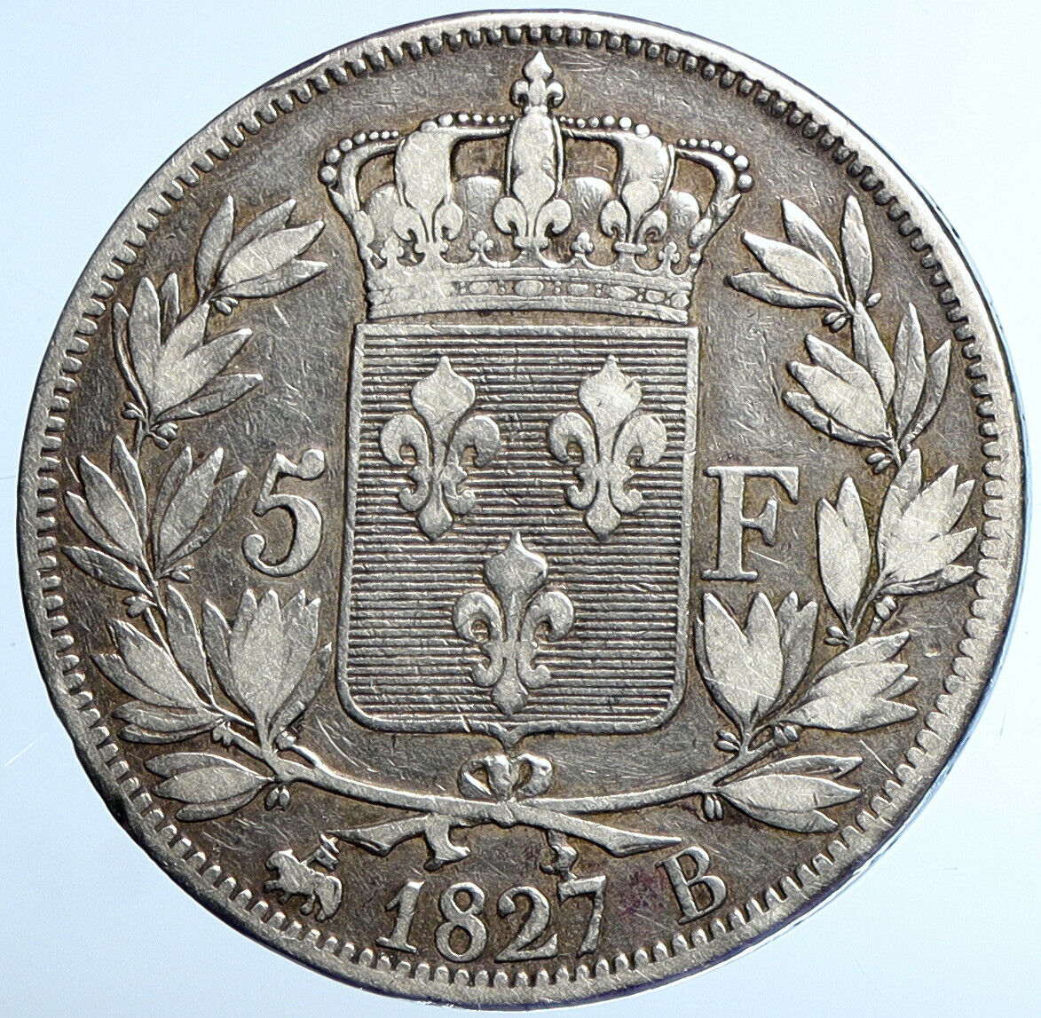 1827 B FRANCE King Charles X OLD Authentic Silver 5 Francs French Coin i110832