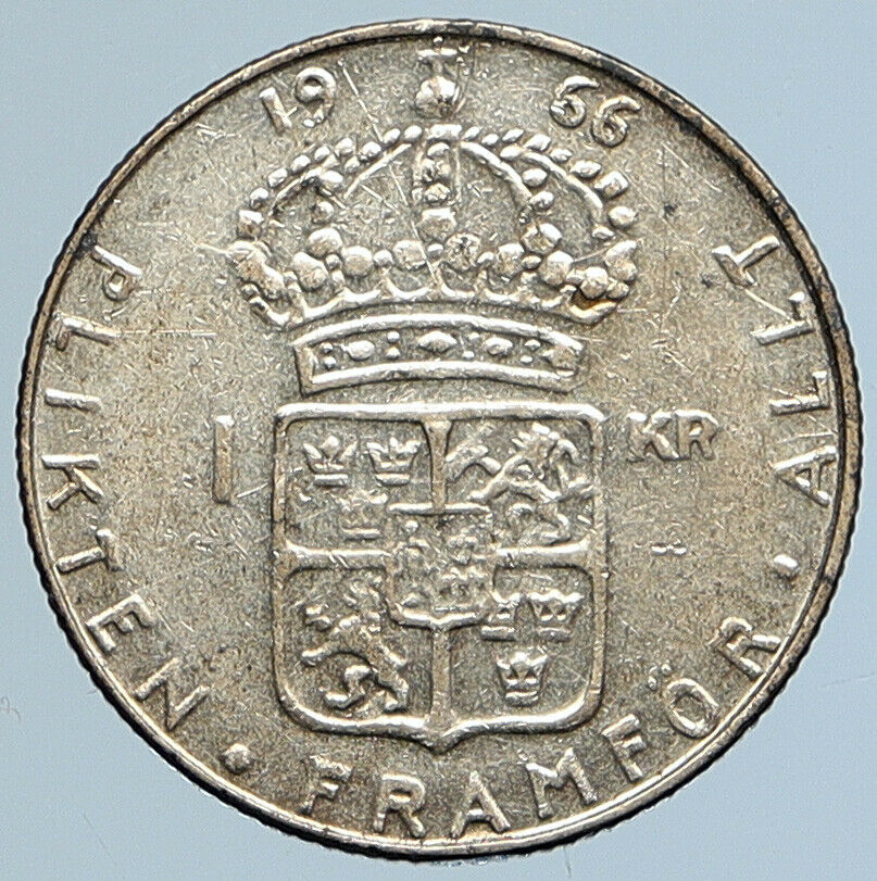 1966 SWEDEN King GUSTAV VI ADOLF Krona Silver SWEDISH Coin Coat of Arms i110753