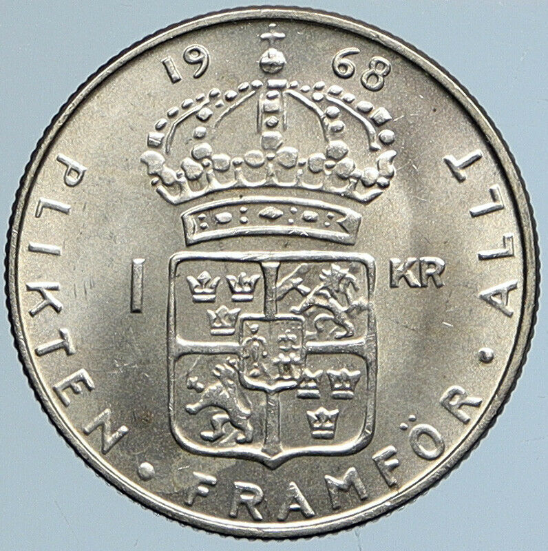 1968 SWEDEN King GUSTAV VI ADOLF Krona Silver SWEDISH Coin Coat of Arms i110755