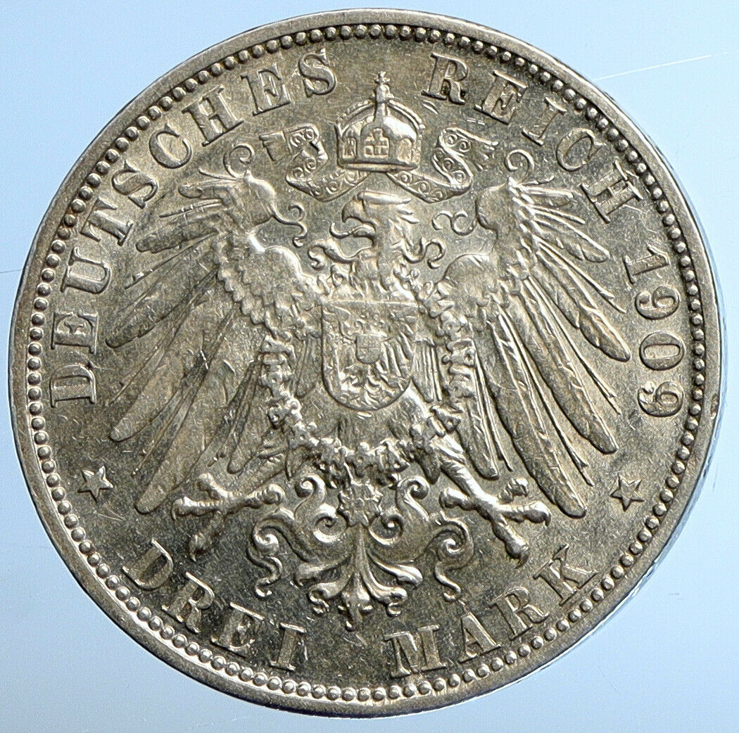 1909 D GERMANY German States BAVARIA King OTTO Silver 3 Mark Coin EAGLE i110830