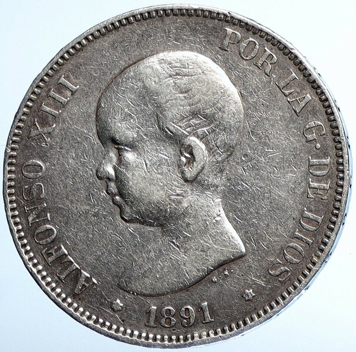 1891 SPAIN with Spanish King ALFONSO XIII Antique Silver 5 Pesetas Coin i110828