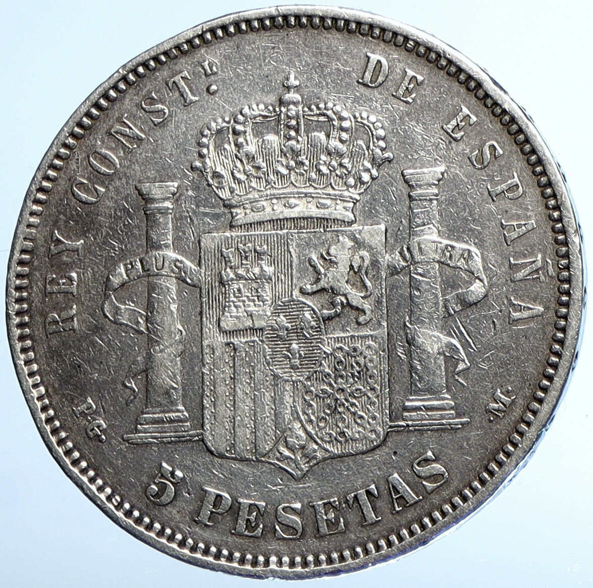 1891 SPAIN with Spanish King ALFONSO XIII Antique Silver 5 Pesetas Coin i110828