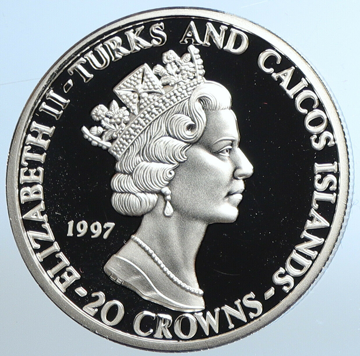 1997 TURKS & CAICOS Elizabeth II GEORGE VI CROWNING Silver 20 Crown Coin i110850