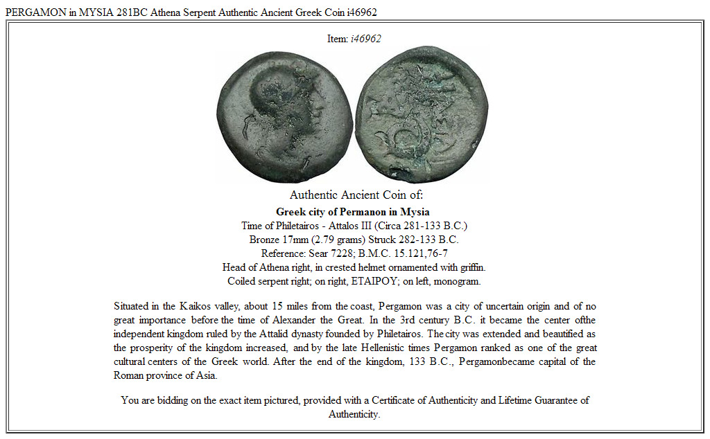 PERGAMON in MYSIA 281BC Athena Serpent Authentic Ancient Greek Coin i46962