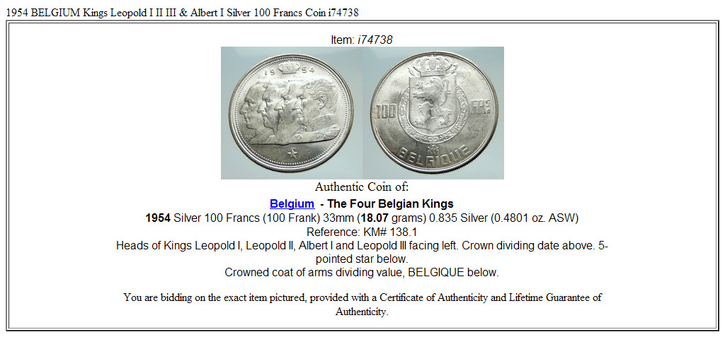 1954 BELGIUM Kings Leopold I II III & Albert I Silver 100 Francs Coin i74738