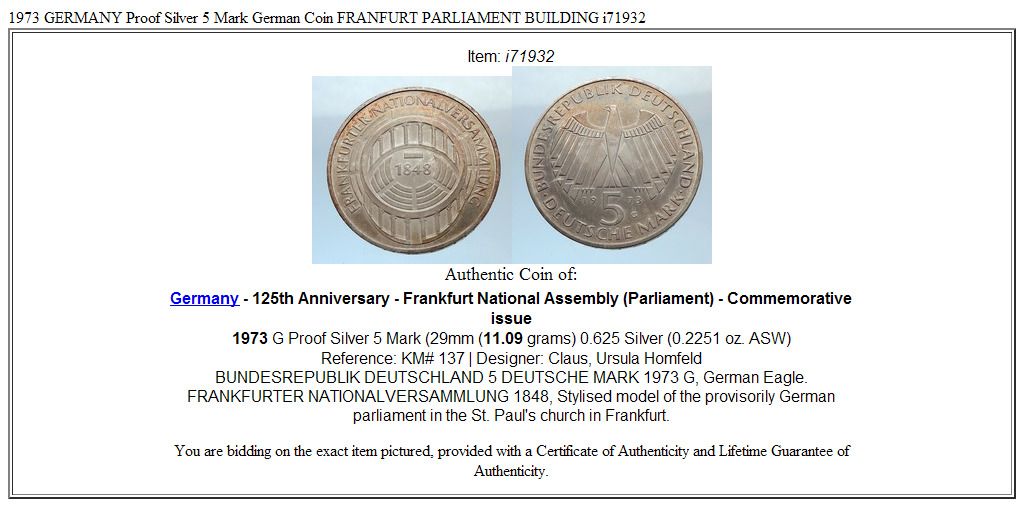 1973 GERMANY Proof Silver 5 Mark German Coin FRANFURT PARLIAMENT BUILDING i71932