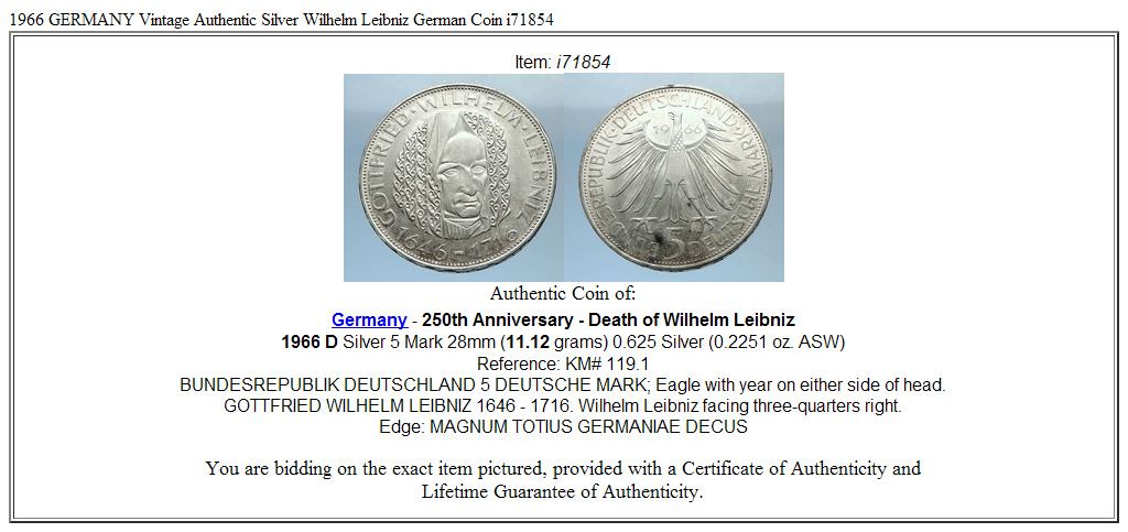 1966 GERMANY Vintage Authentic Silver Wilhelm Leibniz German Coin i71854