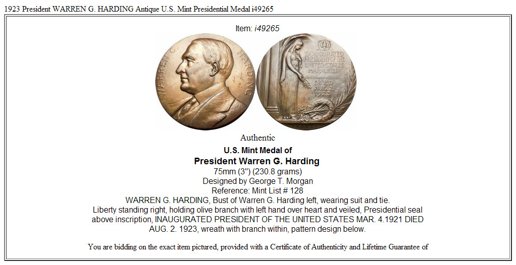 1923 President WARREN G. HARDING Antique U.S. Mint Presidential Medal i49265