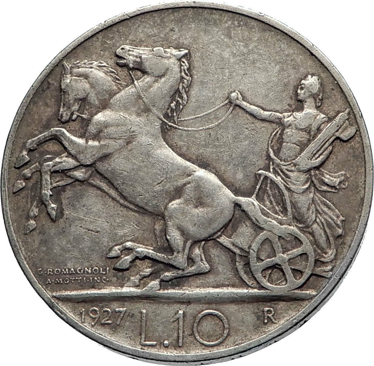 1927 ITALY King Victor Emmanuel III HORSES Silver Italian 10 Lire Coin i74078