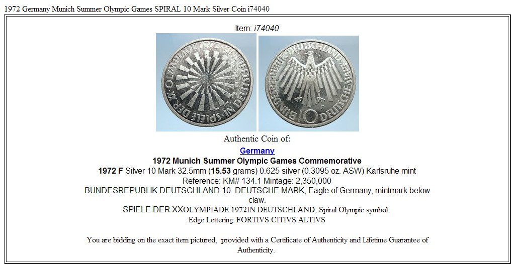 1972 Germany Munich Summer Olympic Games SPIRAL 10 Mark Silver Coin i74040