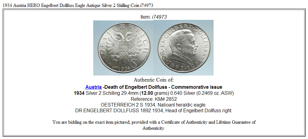 1934 Austria HERO Engelbert Dollfuss Eagle Antique Silver 2 Shilling Coin i74973