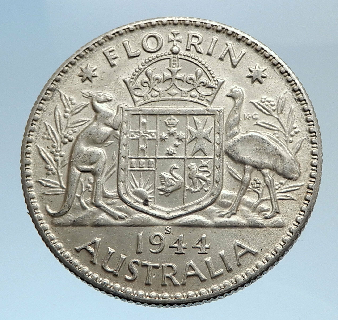 1944 AUSTRALIA Large King George VI Kangaroos Antique Silver Florin Coin i74289