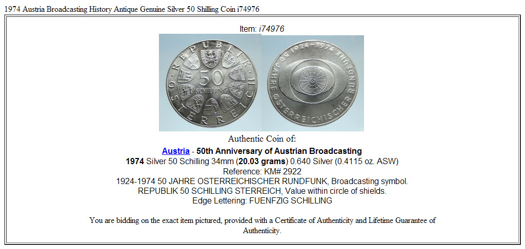 1974 Austria Broadcasting History Antique Genuine Silver 50 Shilling Coin i74976