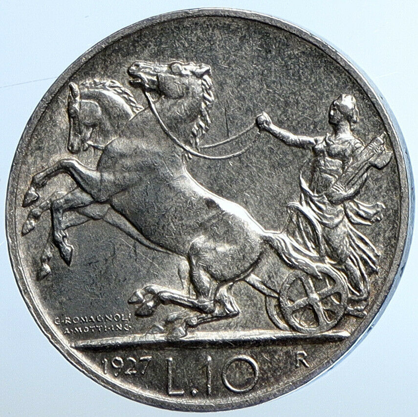 1927 ITALY King Victor Emmanuel III HORSES Silver Italian 10 Lire Coin i110842