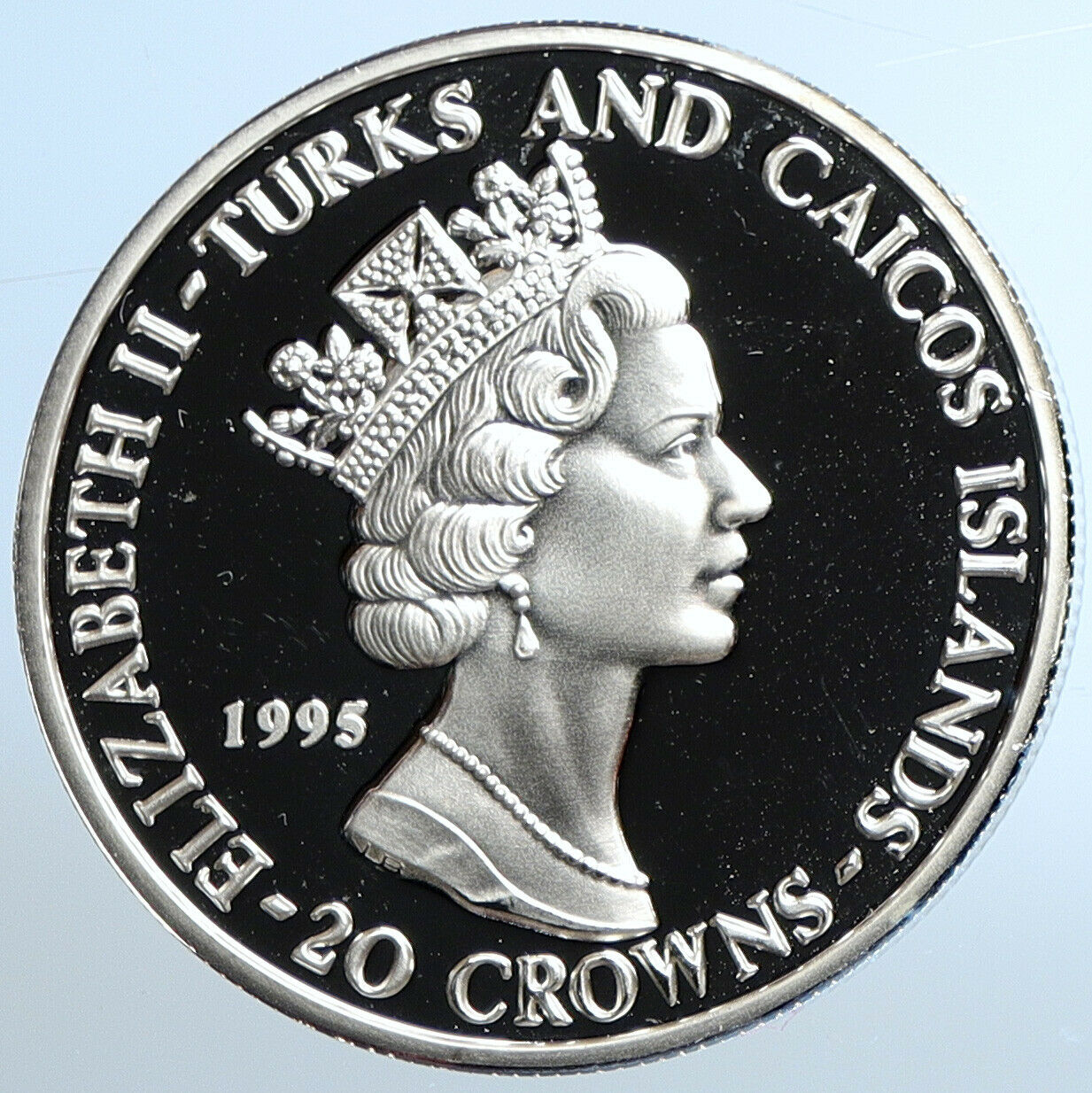 1995 TURKS & CAICOS Queen Mother Elizabeth II PRF Silver 20 Crowns Coin i110845