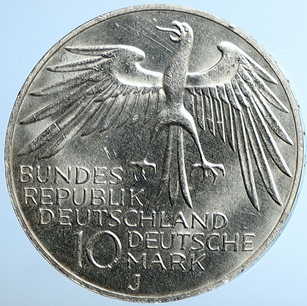 1972 J GERMANY Munich Summer Olympics Schleife BU Silver Coin 10 Mark i110895