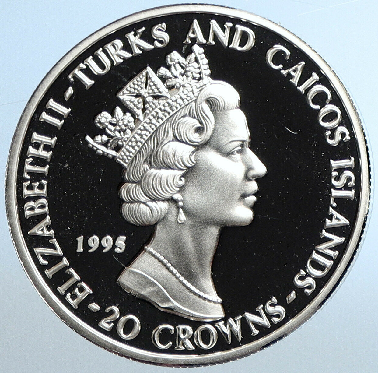 1995 TURKS & CAICOS Queen Mother Elizabeth II PRF Silver 20 Crowns Coin i110875