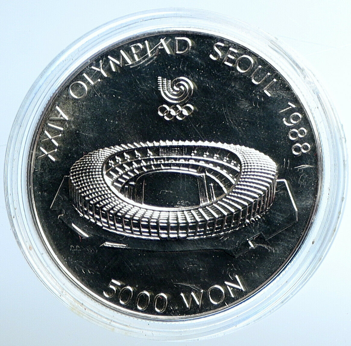 1987 SOUTH KOREA Seoul 1988 OLYMPICS Stadium PFLIKE Silver 5000 Won Coin i110873